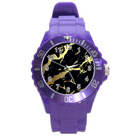 Marble Black, Kiss, Gold, Pretty Round Plastic Sport Watch (L) from ArtsNow.com Front