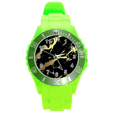 Marble Black, Kiss, Gold, Pretty Round Plastic Sport Watch (L) from ArtsNow.com Front