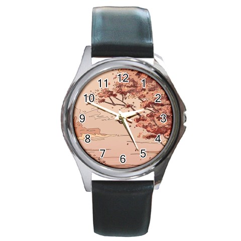 Pastel Nature , Art, Blue, Cute, Nature, Pink Round Metal Watch from ArtsNow.com Front