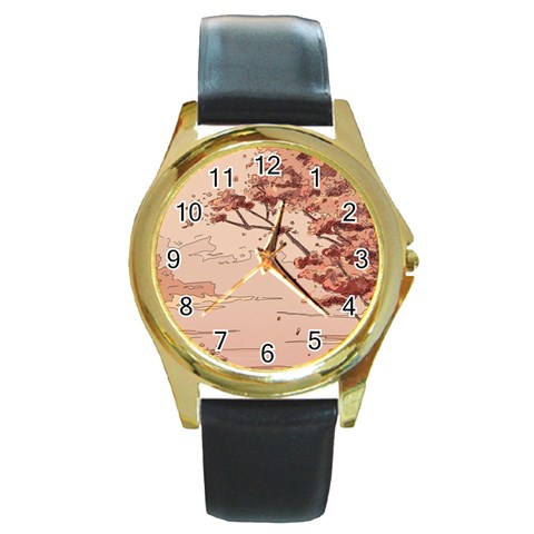 Pastel Nature , Art, Blue, Cute, Nature, Pink Round Gold Metal Watch from ArtsNow.com Front