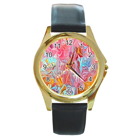 Marbling art Round Gold Metal Watch from ArtsNow.com Front