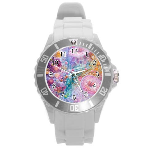 Cells Fluid Bubbles Round Plastic Sport Watch (L) from ArtsNow.com Front