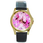 Pink Abstract Lineart Round Gold Metal Watch