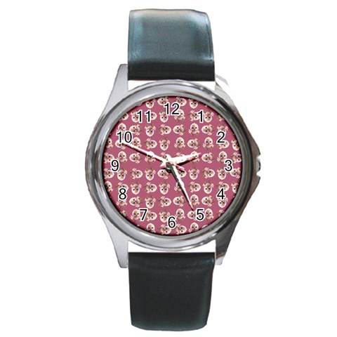 Whimsy Chickens Pattern Round Metal Watch from ArtsNow.com Front