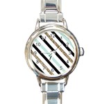 Pattern, Black, Blue, Gold, Lines, Stripes Round Italian Charm Watch