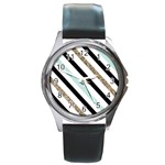 Pattern, Black, Blue, Gold, Lines, Stripes Round Metal Watch