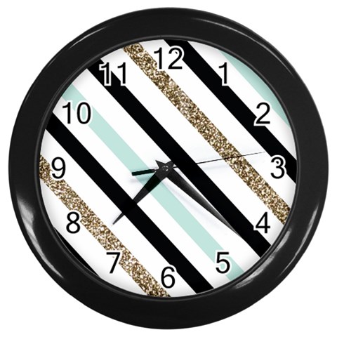 Pattern, Black, Blue, Gold, Lines, Stripes Wall Clock (Black) from ArtsNow.com Front