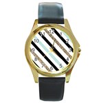 Pattern, Black, Blue, Gold, Lines, Stripes Round Gold Metal Watch