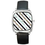 Pattern, Black, Blue, Gold, Lines, Stripes Square Metal Watch