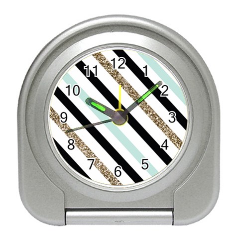 Pattern, Black, Blue, Gold, Lines, Stripes Travel Alarm Clock from ArtsNow.com Front