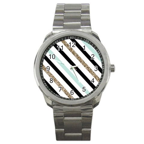 Pattern, Black, Blue, Gold, Lines, Stripes Sport Metal Watch from ArtsNow.com Front