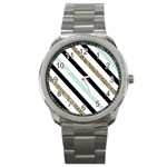 Pattern, Black, Blue, Gold, Lines, Stripes Sport Metal Watch