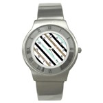 Pattern, Black, Blue, Gold, Lines, Stripes Stainless Steel Watch