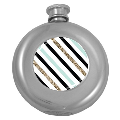 Pattern, Black, Blue, Gold, Lines, Stripes Round Hip Flask (5 oz) from ArtsNow.com Front