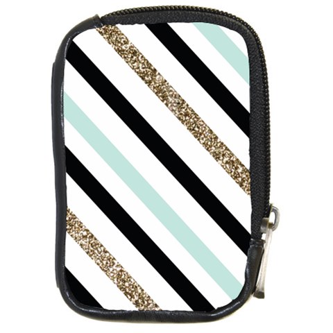 Pattern, Black, Blue, Gold, Lines, Stripes Compact Camera Leather Case from ArtsNow.com Front