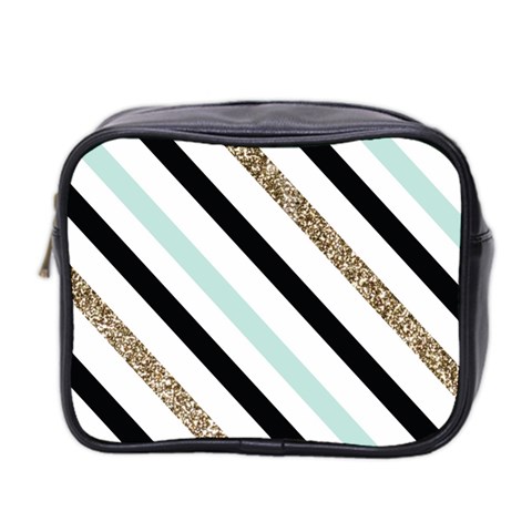 Pattern, Black, Blue, Gold, Lines, Stripes Mini Toiletries Bag (Two Sides) from ArtsNow.com Front