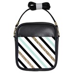 Pattern, Black, Blue, Gold, Lines, Stripes Girls Sling Bag