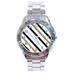 Pattern, Black, Blue, Gold, Lines, Stripes Stainless Steel Analogue Watch