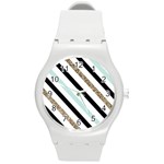 Pattern, Black, Blue, Gold, Lines, Stripes Round Plastic Sport Watch (M)