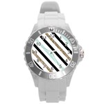 Pattern, Black, Blue, Gold, Lines, Stripes Round Plastic Sport Watch (L)