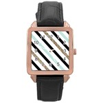 Pattern, Black, Blue, Gold, Lines, Stripes Rose Gold Leather Watch 