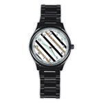 Pattern, Black, Blue, Gold, Lines, Stripes Stainless Steel Round Watch