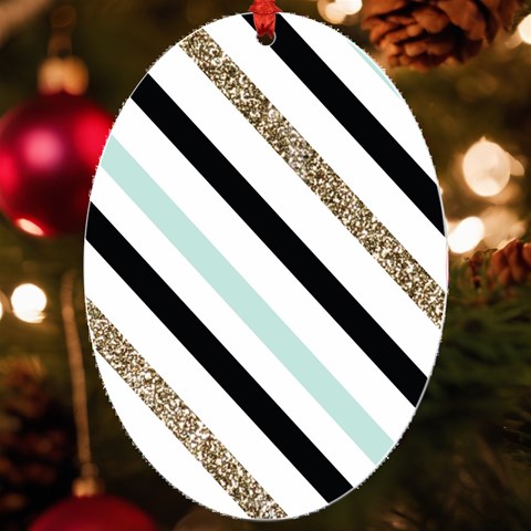 Pattern, Black, Blue, Gold, Lines, Stripes UV Print Acrylic Ornament Oval from ArtsNow.com Front