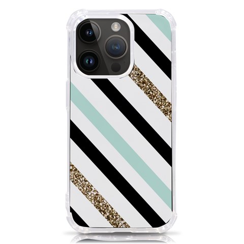 Pattern, Black, Blue, Gold, Lines, Stripes iPhone 14 Pro TPU UV Print Case from ArtsNow.com Front