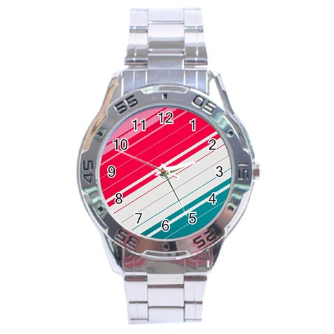 Red White Teal Stripes Stainless Steel Analogue Watch from ArtsNow.com Front