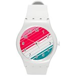 Red White Teal Stripes Round Plastic Sport Watch (M)