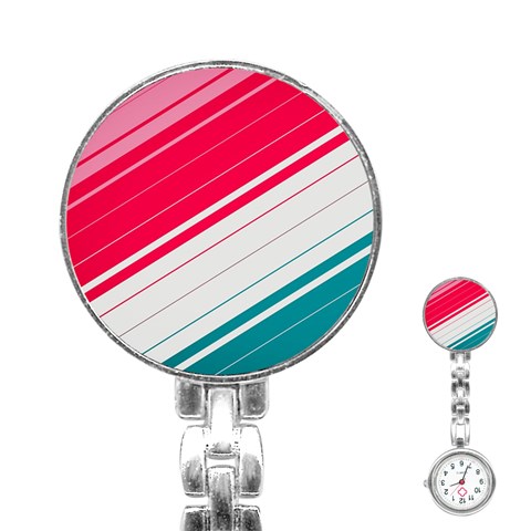 Red White Teal Stripes Stainless Steel Nurses Watch from ArtsNow.com Front