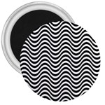 Black White Wave Pattern Wavy Water Seamless 3  Magnets