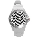 Black White Wave Pattern Wavy Water Seamless Round Plastic Sport Watch (L)