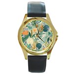 Leaves Pattern Flora Nature Round Gold Metal Watch