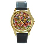 Echinopsis Terscheckii Cactus Motif Random Colored Pattern Round Gold Metal Watch