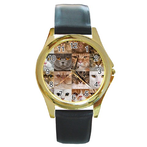 Breeds Of Cats Collage Round Gold Metal Watch from ArtsNow.com Front