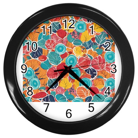 floral and leaves pattern Wall Clock (Black) from ArtsNow.com Front