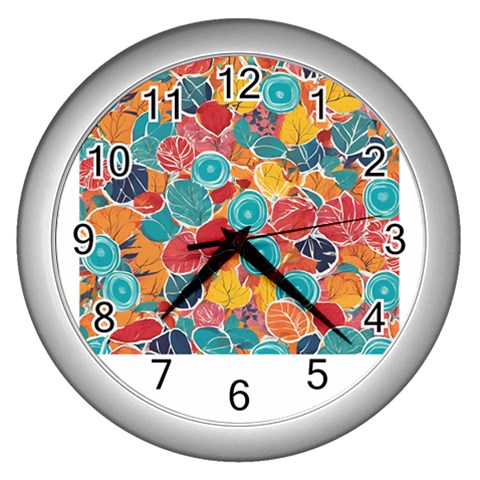 floral and leaves pattern Wall Clock (Silver) from ArtsNow.com Front