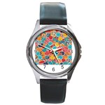 floral and leaves pattern Round Metal Watch