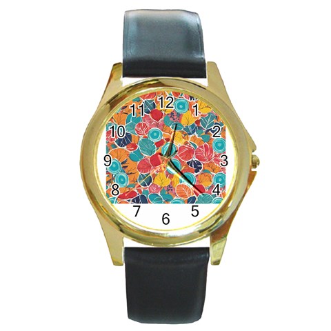 floral and leaves pattern Round Gold Metal Watch from ArtsNow.com Front