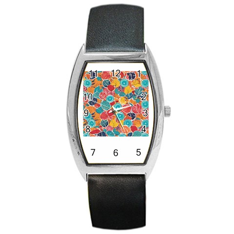 floral and leaves pattern Barrel Style Metal Watch from ArtsNow.com Front