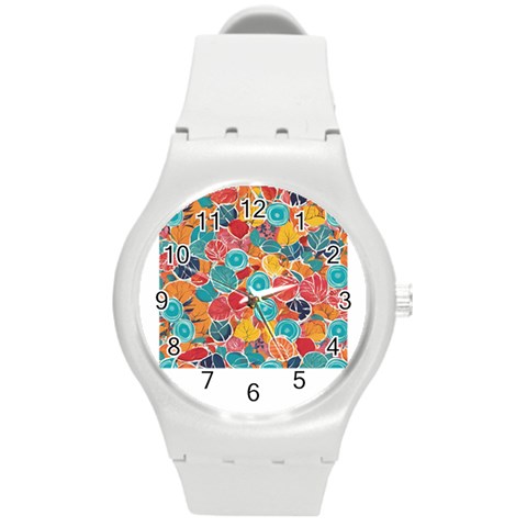 floral and leaves pattern Round Plastic Sport Watch (M) from ArtsNow.com Front