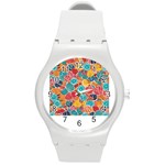 floral and leaves pattern Round Plastic Sport Watch (M)