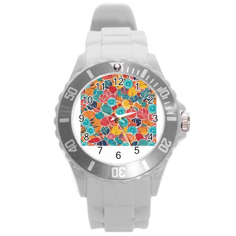 floral and leaves pattern Round Plastic Sport Watch (L) from ArtsNow.com Front