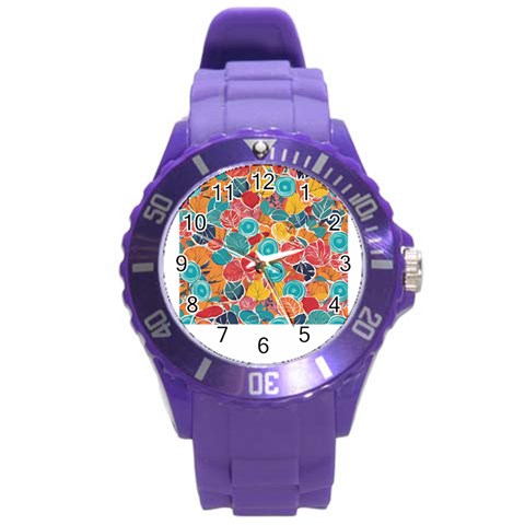 floral and leaves pattern Round Plastic Sport Watch (L) from ArtsNow.com Front