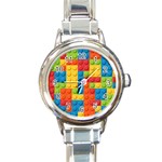 Lego Bricks, Colorful Dots Background Round Italian Charm Watch