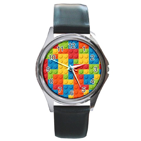 Lego Bricks, Colorful Dots Background Round Metal Watch from ArtsNow.com Front