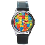 Lego Bricks, Colorful Dots Background Round Metal Watch