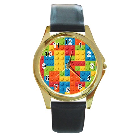 Lego Bricks, Colorful Dots Background Round Gold Metal Watch from ArtsNow.com Front