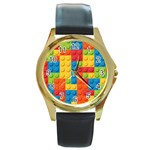 Lego Bricks, Colorful Dots Background Round Gold Metal Watch